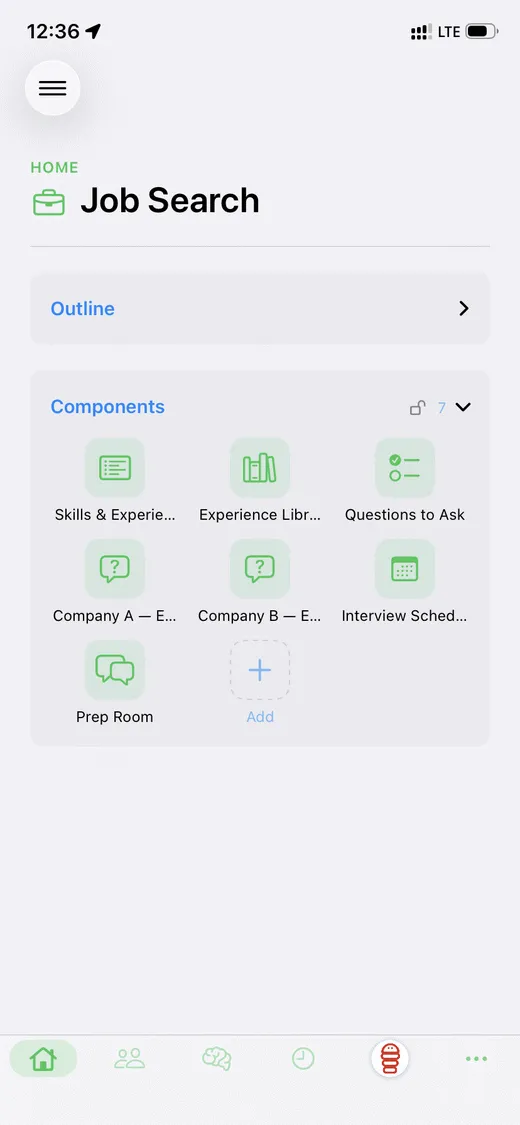 The Job Search MyApp home — cross-linked components for skills, experience library, questions to ask, company research and an interview scheduler, with a slack prep room.
