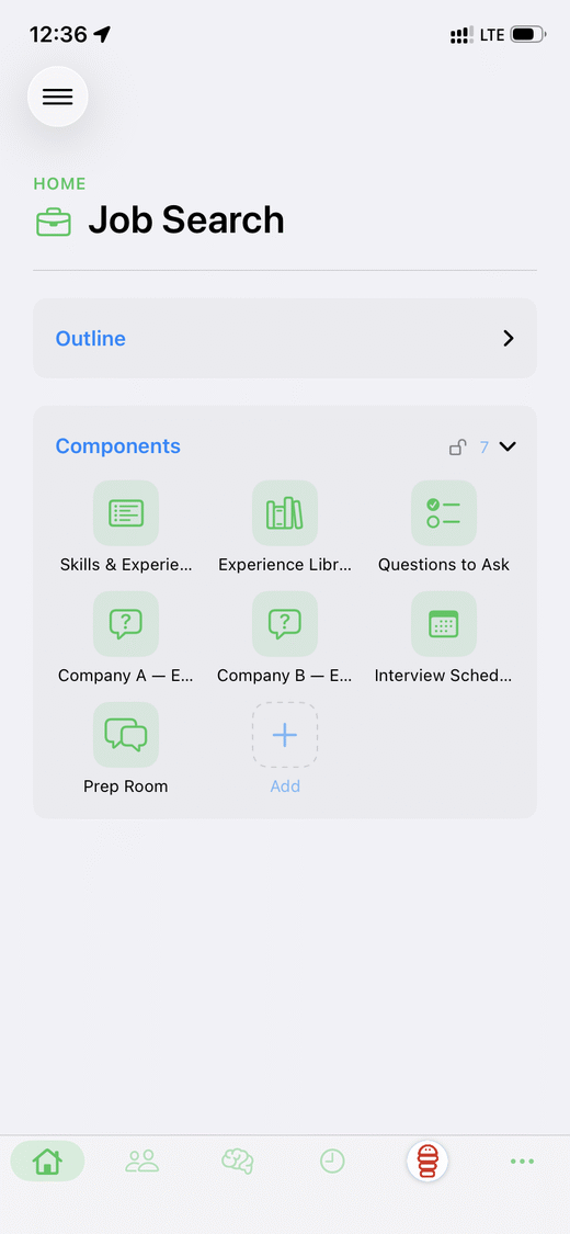 A Job Search MyApp home showing cross-linked components: skills, experience library, questions to ask, interview scheduler.