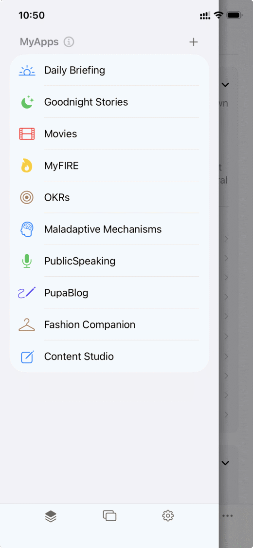 A list of MyApps in Pupa — Daily Briefing, Goodnight Stories, Movies, MyFIRE, OKRs and more.