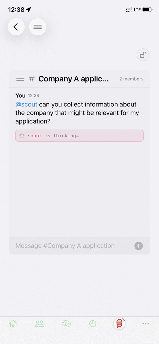 A Pupa slack room where an agent persona (scout) works a task alongside you.